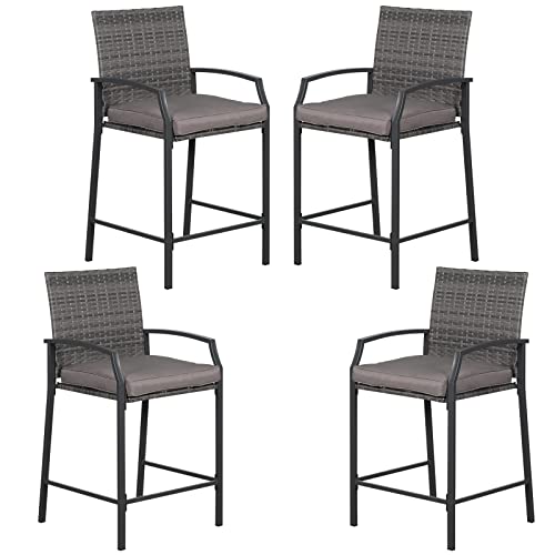 Joivi Outdoor Wicker Bar Stools Set Of 4, Patio Rattan Counter Height Chairs With Cushions, Armrest And Footrest For Indoor, Garden, Poolside, Lawn, Backyard #TOP22