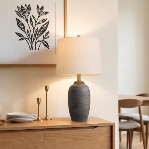Image of 24.5 inch Ceramic Black Lamp for Living Room with Pre-Attached Shade | Single Rustic Bedside Lamps, Hand-Textured Farmhouse Vintage Table Lamps for Bedroom Nightstands, Side End Table Home Decor