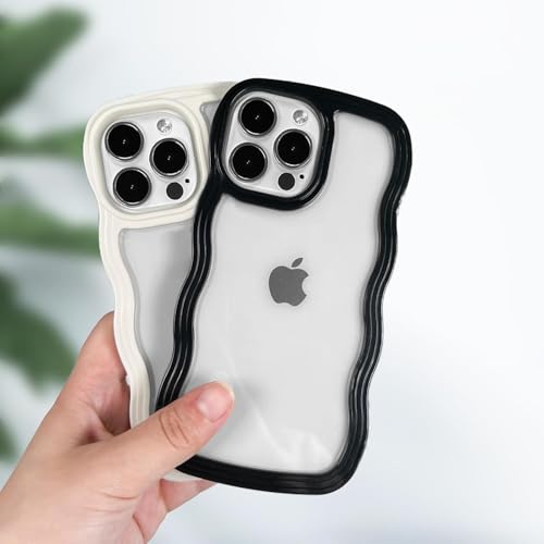 Image of GoldKart iPhone 13 Pro Max Case Wavy Edge Clear Back Design, Anti-Slip Grip Cute Wave Curly Frame Shape Shockproof Soft TPU & Hard PC Bumper Protective Phone Case Cover for Women Girls - Black