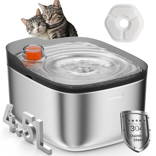 Fuente de Agua para Gatos APD APETDOLA de Acero Inoxidable, dispensador de Agua para Mascotas de 4,5 L/158 oz, Fuentes de Agua para Gatos Interiores eléctricas,
