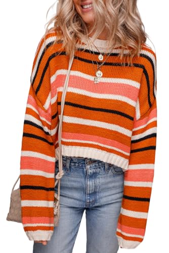 Stylish Orange Stripe Drop Shoulder Pullover for Women – Effortless