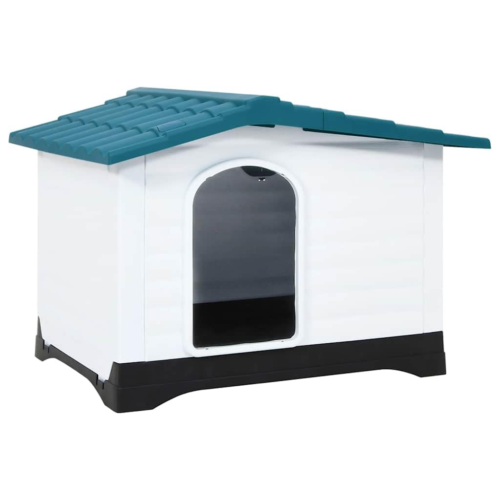 Hundehütte aus Polypropylen für den Außenbereich, Robustes Haustierhaus mit Spitzdach und Belüftung, geräumige Hundehütte für mittelgroße Hunde, Blau/Weiß/Schwarz, 90,5 x 68 x 66 cm