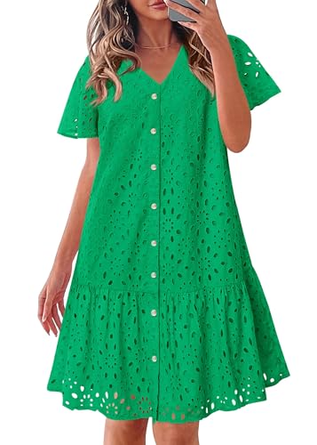 Image of KIRUNDO Eyelet Dresses for Women Button Down Mini Babydoll | 2026 Summer Short Sleeve Boho Sundress, Loose Fit V Neck Short Dress With Pockets, A Line, Cruise Beach Vacation Outfits