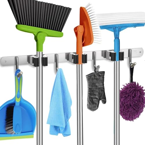 Image of Ternero Mop and Broom Organizer 4 Racks 5 Hooks, Heavy Duty Broom Wall Mount Rake Holder Stainless Steel Tool Hanger for Home, Kitchen, Garage, Garden, Laundry Room, Bathroom Organization