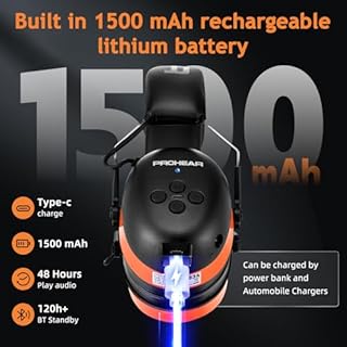 PROHEAR 037 Wireless Bluetooth Ear Defenders, Rechargeable Hands-Free Calling Headset, Safety Earmuffs for Lawn Mowing, Hearing Protector for Woodworking, Ideal for Carpenter, Gardener