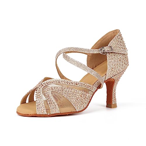 Syrads Damen Standard & Latein Tanzschuhe Salsa Tango Walzer Bachata Kizomba Modern Tanzschuhe mit Strasssteinen,Gold 7.5cm Heel,40 EU