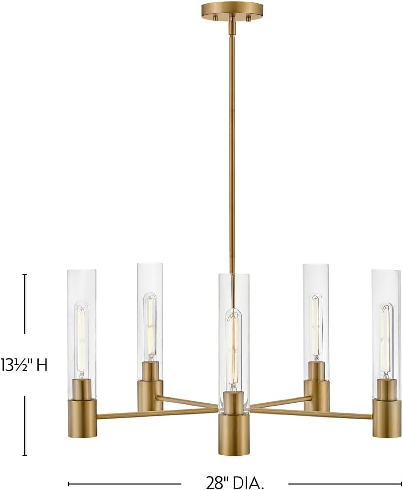 Lark Shea Medium Single Tier Chandelier, Clear Glass Cylindrical Shades Create a Candle Effect, Lacquered Brass