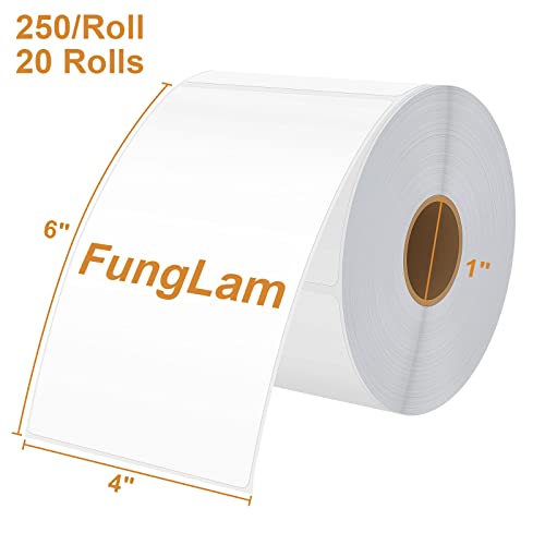 Funglam Thermal Labels 4X6 Direct Thermal Shipping Labels, 20 Rolls With 250 Labels/Roll, 1'' Core, Compatible Zebra 2844 Zp-450 Zp-500 Zp-505 Thermal Printer Label #TOP1