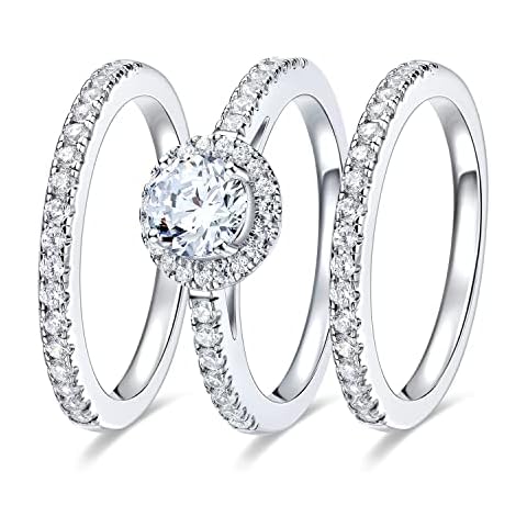 MDFUN Three-in-One Round Halo Wedding Band Set Engagement Ring 18K White Gold Plated Cubic Zirconia Promise Eternity Ring for Women Size 8 Cover