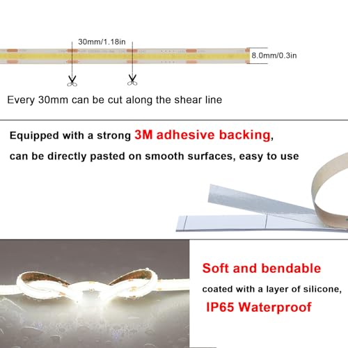 TOPAI 24V COB LED Strip 32.8ft Daylight White 5000K Outdoor Waterproof Super Bright CRI>93 Self Adhesive Uniform Dotless 384LEDs/M Cuttable Flexible for Cabinet Home Office DIY Lighting by TOPAI - Used condition - Image 3