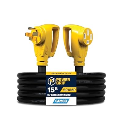 Camco Power Grip 15-Ft 50-Amp Camper/RV Extension Cord - Features Copper 6/3 + 8/1-Gauge Wires for Superior Conductivity - Rated for 125/250 V/12,500 W - Coated w/Heat-Resilient PVC (55194)