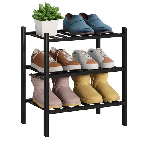 BMOSU 3-Tier Bamboo Small Shoe Rack Premium Stackable Shoe Shelf Storage Organizer for Hallway Closet Living Room Entryway Organizer (Black Bamboo)