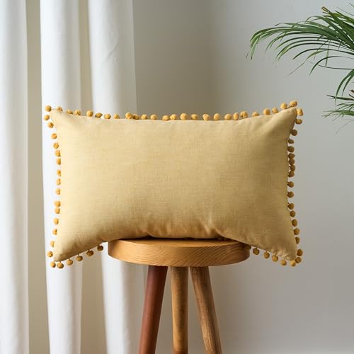 Image of 100% Cotton Pom Pom Cushion with Filler, Elegant & Modern Cushion Cover for Living Room, Rectangle, 12 inchx20 inch, uni Chambray, Set of 5 - Mimosa