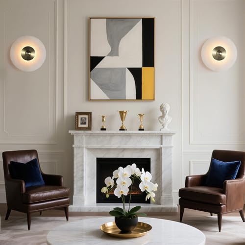 Image of 11.8 inch Round Alabaster Wall Sconce,Marble Modern Bathroom Light Fixture with Natural White Glass Shade for Bedroom, Hallway, Stairs (Hardwired)