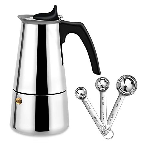 AMFOCUS Stovetop Espresso Moka Pot Italian Coffee Maker, with Stainless Steel, 3 Coffee Scoops, 200ml/7oz/4 Cup (1 Cup=50ml)