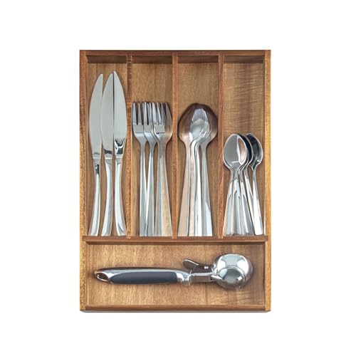 KITEISCAT Acacia Wood Silverware Organizer, Kitchen Utensil Drawer Organizer for Forks, Knives & Spoons, 5-Compartment Cutlery Tray, Flatware Holder - Thumbnail 4