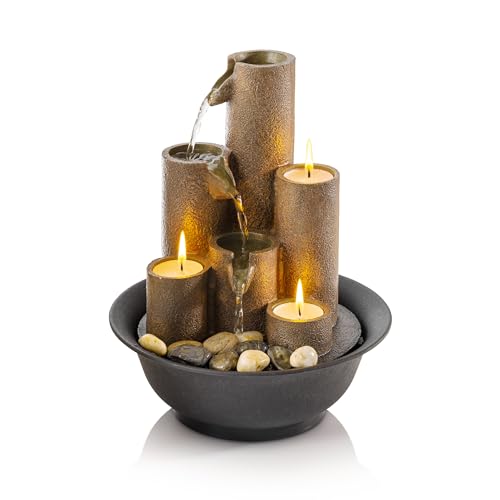 Alpine Corporation WCT202 Indoor Tabletop Tiered Water Fountain Featuring 3 Candles for Desktop and Table, 11″, Brown