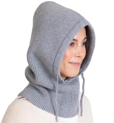 Brook + Bay Knitted Hooded Scarf w/Drawstrings - Knit Balaclava Hood Scarf for Women Winter - Stylish Hooded Hat, Neck Warmer Grey