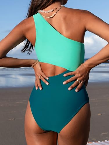 Image of CUPSHE Women One Piece Swimsuit One Shoulder Bathing Suit Cutout Monokini | Removable Soft Cups, Color Block, Classic Bum Coverage, Swim Suit For Beach Vacation Cruise Pool Party