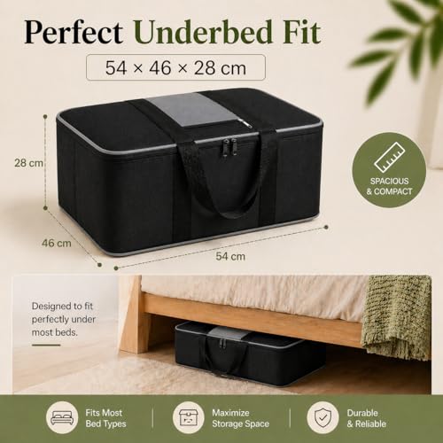 Image of DALUCI Underbed Storage Bags for Clothes Pack of 2 Large Moisture Proof Organizer with Zipper Non Woven Foldable Storage Bag for Blanket Saree Wardrobe 54 x 46 x 28 cm (Black & Grey - Large, 2 Pack)
