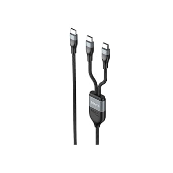 DUO POWER 100W  ift U lu, Type-C to Type-C + Type-C  arj Kablosu,  rg  Tasar m, 1.2 metre, Siyah