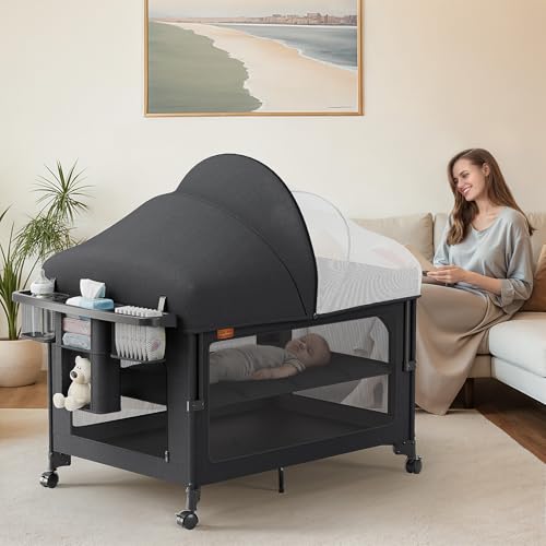 Image of TinyGlow 4 in 1 Baby Bassinet, Pack and Play, Bedside Crib Sleeper, Diaper Changer, Quickly Assembled and Folded Portable Crib with Mattress and Mosquito Net, Easy to Carry