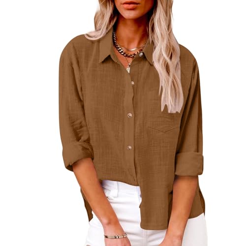 AMhomely Cotton Linen Blouses for Women UK Long Sleeve Shirts Button Down Casual Formal Tops Plus Size with Breasted Pocket Oversized Baggy Pullover Tees Tunic Tops Office Work 04 Brown XL