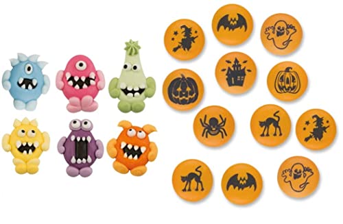 Günthart 12 Rondelle und 6 Zucker-Monster | essbare Muffin-, Cupcakes- und Torten-Deko aus Zucker | Halloween | 39g Cover