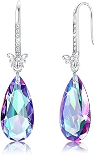 Sllaiss S925 Crystal Drop Earrings for Women Sterling Silver Dangle Earrings Big Crystal Teardrop Earrings Purple Crystal Hook Earrings Amethyst Jewellery Bee Earrings
