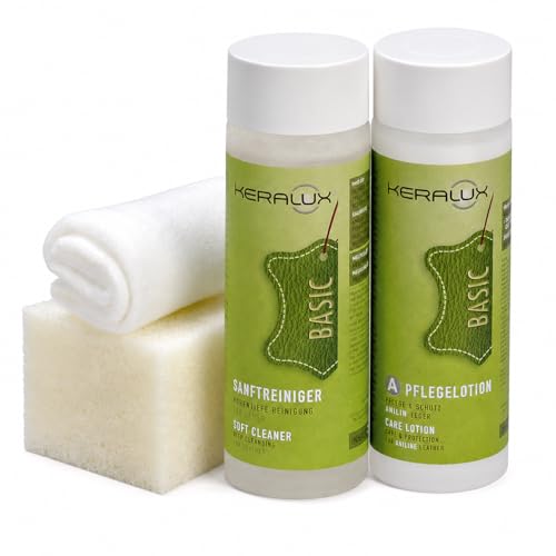 KERALUX 4-Teiliges Lederpflegeset A für Anilinleder 200 ml Reiniger 200 ml Pflege Schwamm Tuch mit Imprägnierung und Lichtschutz
