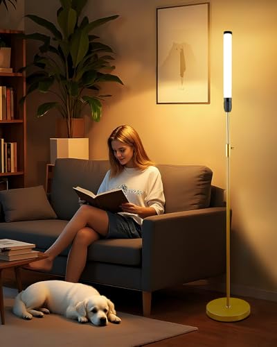 Image of Lightdot 68IN LED Floor Lamp for Living Room, Stepless Dimmable(10-100% Brightness) Modern Standing Tall Lamps with Milky White Cylindrical LampHead,Mid Century Industrial Floor Lamps for Bedroom-Gold