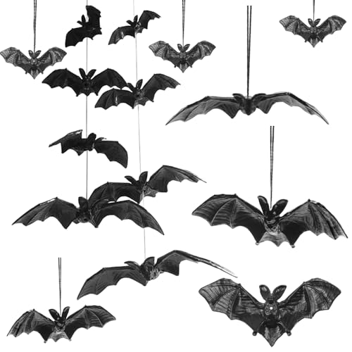 Saktopdeco 50 PCS Black Hanging Bats Plastic 3D Halloween Bat Party Ornament for April Fools Haunted House Decorations