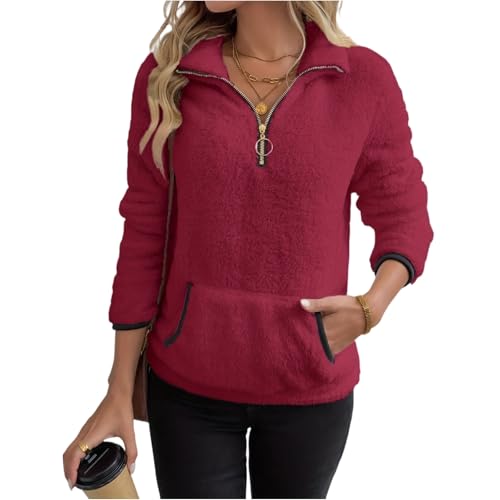Rikbuig Red Half Zip Sweatshirt Women Oversized Fleece Quarter Zip Pullover