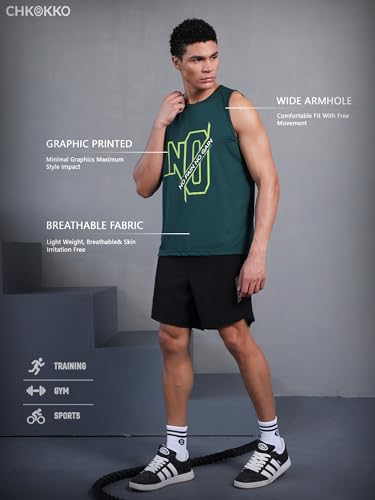 Image of CHKOKKO Tank Tops Sleeveless T-Shirt for Men Dry Fit Vest Gym Wear Graphic Printed Stylish Round Neck Running Sando for Sports Workout Fitness & Casual or Beach Wear