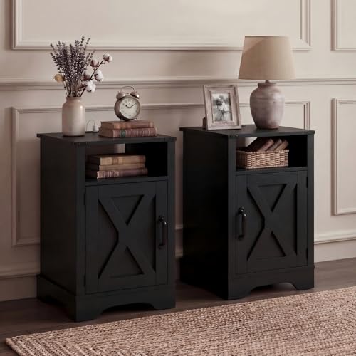 FansaFurn Farmhouse Nightstand Set of 2 with Charging Station, Wooden End Table, Black Rustic Night Stand with Storage Cabinet and Shelf, Tall Bedside Table for Bedroom, Living Room