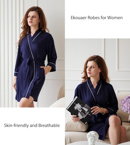Image of Ekouaer Women Kimono Robes Knee Length Knit Bathrobe Lightweight Soft Sleepwear V-neck Casual Ladies Loungewear