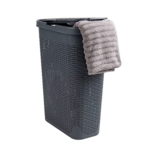 Image of Mind Reader Slim Laundry Hamper with Lid, 40L Clothes Basket, Narrow Tapered Design with Ventilated Cutout Pattern, Plastic, Gray