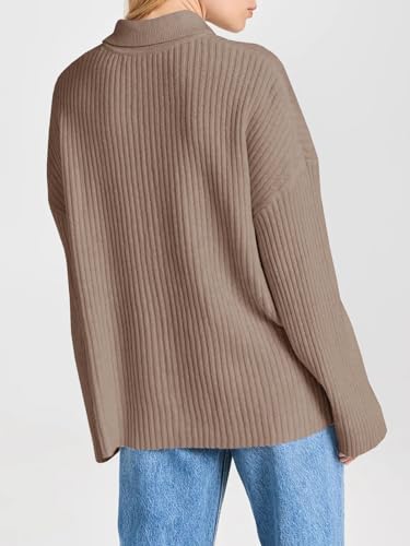 Danedvi Womens Collared Cardigan Sweaters Oversized Ribbed Knit Open Front Button Up Bell Sleeve Outwear Light Brown thumb #4