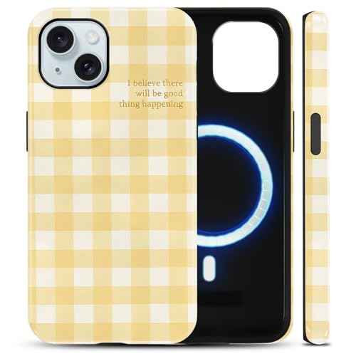 Coque iPhone 15 antichoc résistant aux chutes avec fixation MagSafe vichy jaune