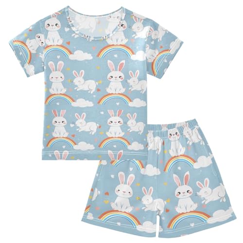 ALAZA Cute Cartoon Rabbit Rainbow Pajamas Set Short Sleeve Cotton Sleepwear Summer Pjs 2 Piece 5-14Y