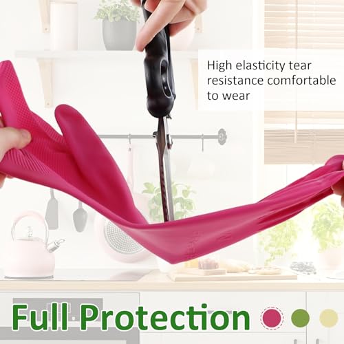 WATUNID 3 Pares Guantes De Goma Largo, Guantes De limpieza Antideslizantes, Limpieza Reutilizable el Hogar, Guante Cocina, Baño, Lavandería, Jardinería, Cuidado(L,Amarillo, Rosa, Verde) - imagen 3