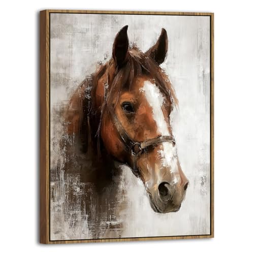 Image of Horse Canvas Wall Art Framed Rustic Horse Portrait Prints Painting Western Horse Pictures Wall Decor Vintage Farmhouse Country Animal Artwork for Living Room Bedroom Office Home Decorations 24x36