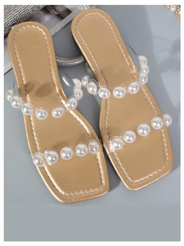 GORGLITTER Women's Pearl Clear Sandals Two Strap Summer Square Toe Slides Sandals4