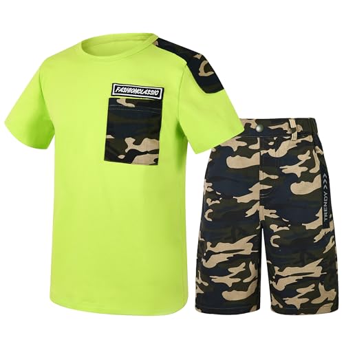 Image of LOLANTA Boy Summer Outfit Casual Clothes 2Pcs Cotton T-shirt Shorts Set | Kids Short Sleeve T-Shirt, Boy Camouflage Knee-length Shorts, Breathable Fashion Outfits, School Daily Matching Clothing Sets