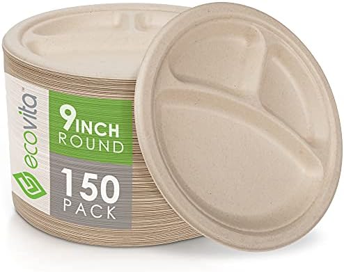Ecovita 100% Compostable Paper Plates [9 in.] COMPARTMENTS – 150 Disposable Plates Eco Friendly Sturdy Tree Free Liquid and Heat Resistant Alternative to Plastic or Paper Plates