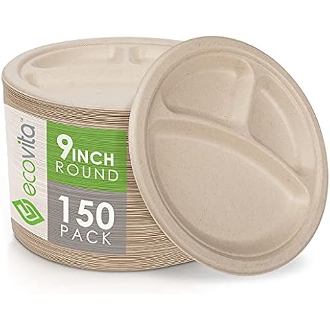 Ecovita 100% Compostable Paper Plates [9 in.] COMPARTMENTS – 150 Disposable Plates Eco Friendly Sturdy Tree Free Liquid and Heat Resistant Alternative to Plastic or Paper Plates Cover