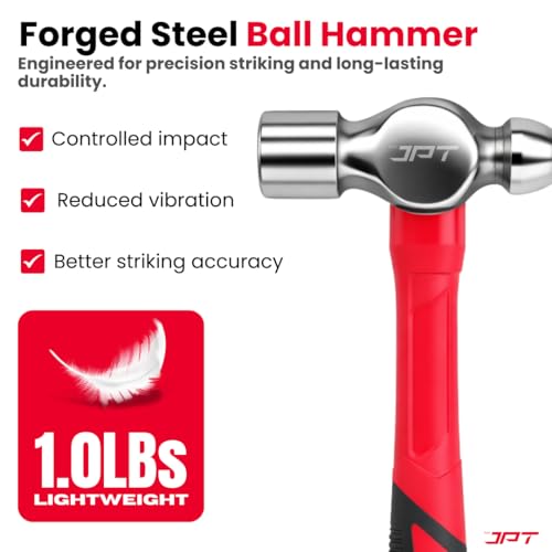 Image of JPT 1 lb Ball Peen Hammer (Ball Pein) | Forged Steel Head with Fiberglass Handle | Heavy Duty Engineering & Workshop Tool