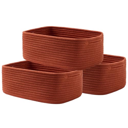 KALLAX Small Woven Basket, 13.5 x 9.5 x 5 Inches, Storage Basket for Organizing, Cute Small Rope Shelf Closet Cube Storage Bins Baskets for Shelves, Dog Toy Gift Baskets Empty, 3 Pack Rust Red