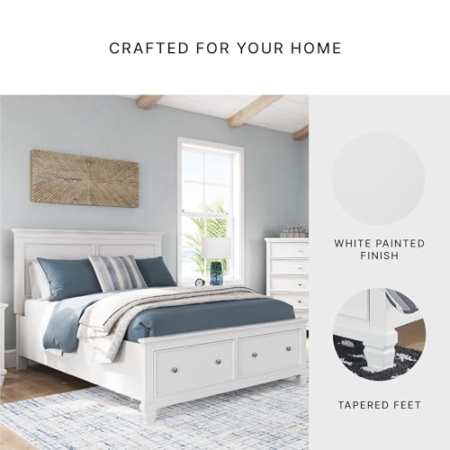 Image of Signature Design by Ashley Fortman Queen Panel Storage Bed with Drawers | White farmhouse aesthetic with deep footboard drawers, Hardwood solids and MDF substrate, Laminated LVL roll slats