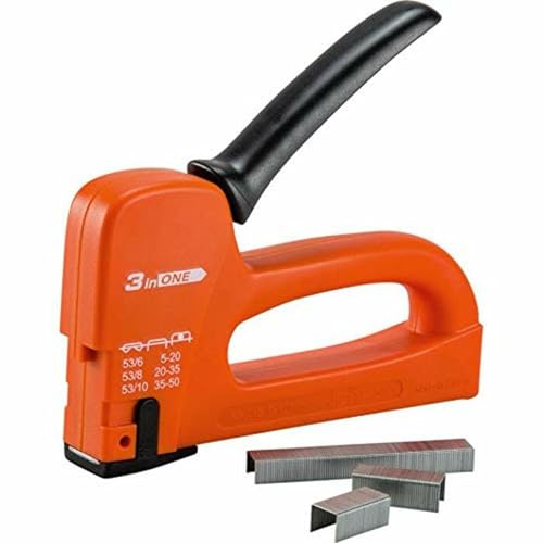 FISHTEC Grapadora manual 3 en 1 de uso intensivo - Montaje mural - Cableado - Gran volumen de grapado- 100 grapas incluidas - Ideal para decoración, carpintería, muebles, puertas y ventanas - Naranja